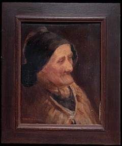 Antiguo Óleo Inglés Retrato de Vieja Pescadora de Cornualles