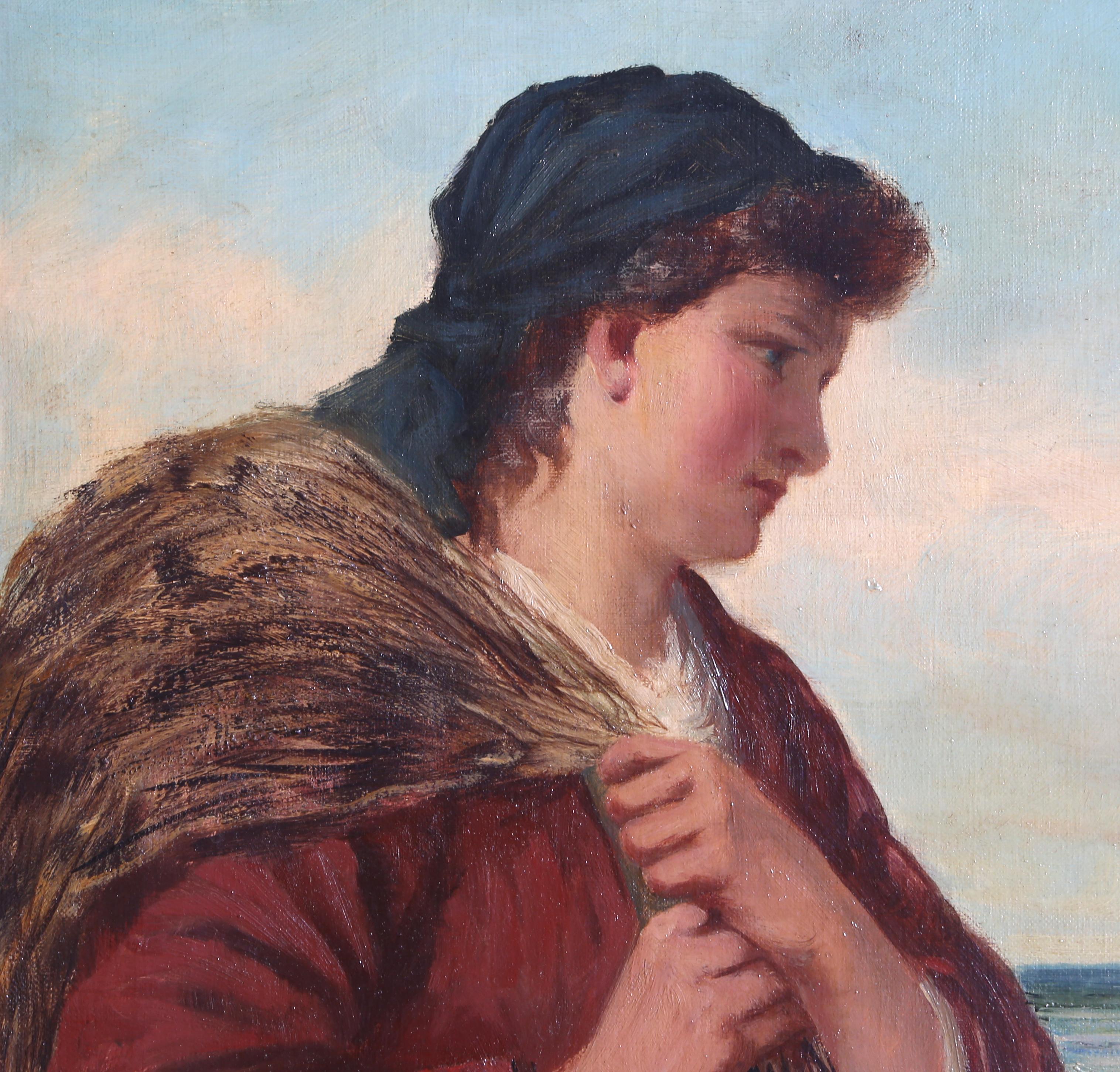 Pescadora de Cornualles con red, pintura victoriana de D.W. Haddon - Painting de David W. Haddon 