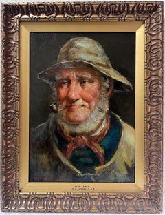 Il pescatore della Cornovaglia Antico dipinto a olio firmato inglese Ritratto di uomo di mare