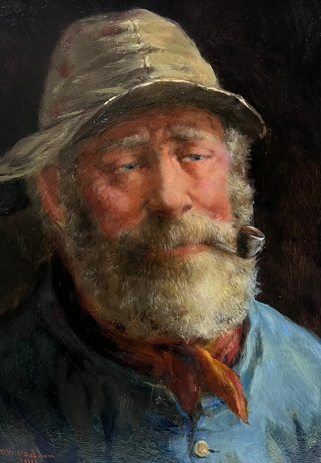 David W. Haddon  Figurative Painting - The Cornish Fisherman Antique English Signed Oil Painting Portrait of Sea Man