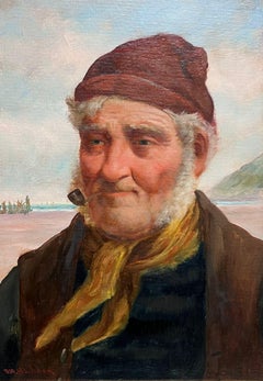 Il pescatore della Cornovaglia Antico dipinto a olio firmato inglese Ritratto di uomo di mare