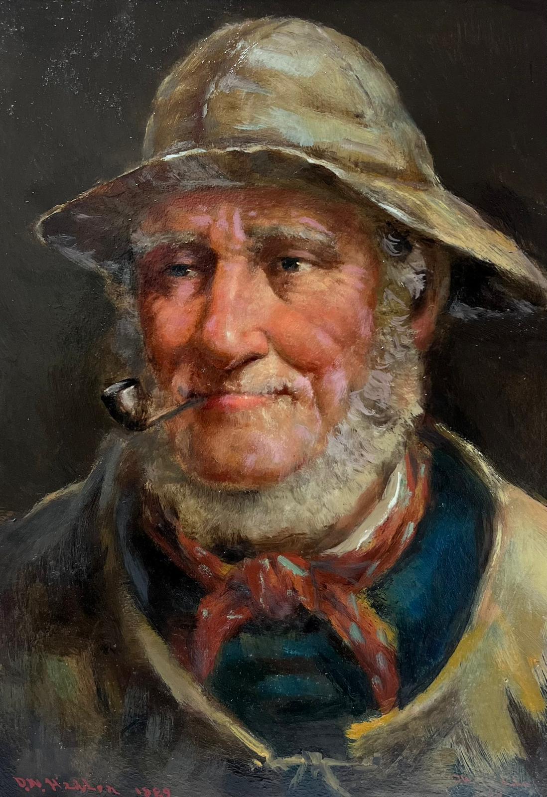 David W. Haddon  Portrait Painting - The Cornish Fisherman Antique English Signed Oil Painting Portrait of Sea Man
