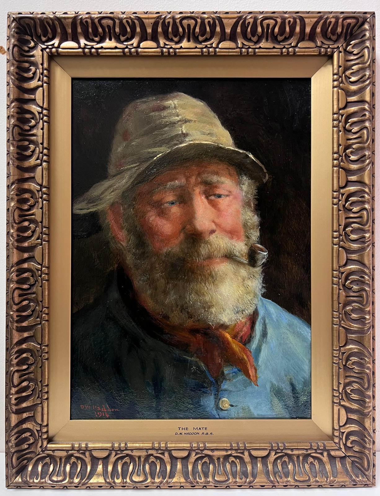 The Cornish Fisherman Antique English Signed Oil Painting Portrait of Sea Man - Black Figurative Painting by David W. Haddon 