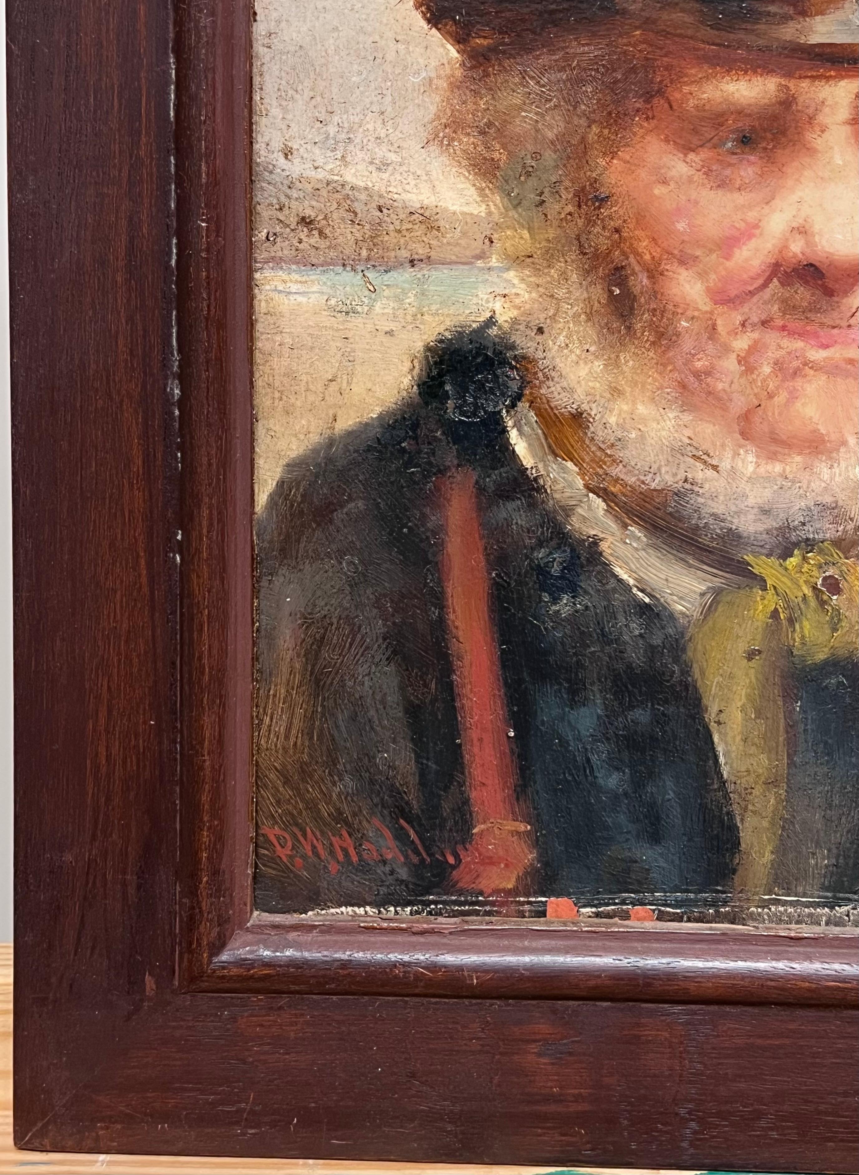 El Pescador de Cornualles Firmado Antiguo Cuadro al Óleo Retrato Antiguo Marinero de Sal Marina - Figurative Painting Negro de David W. Haddon 