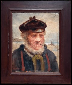 El Pescador de Cornualles Firmado Antiguo Cuadro al Óleo Retrato Antiguo Marinero de Sal Marina