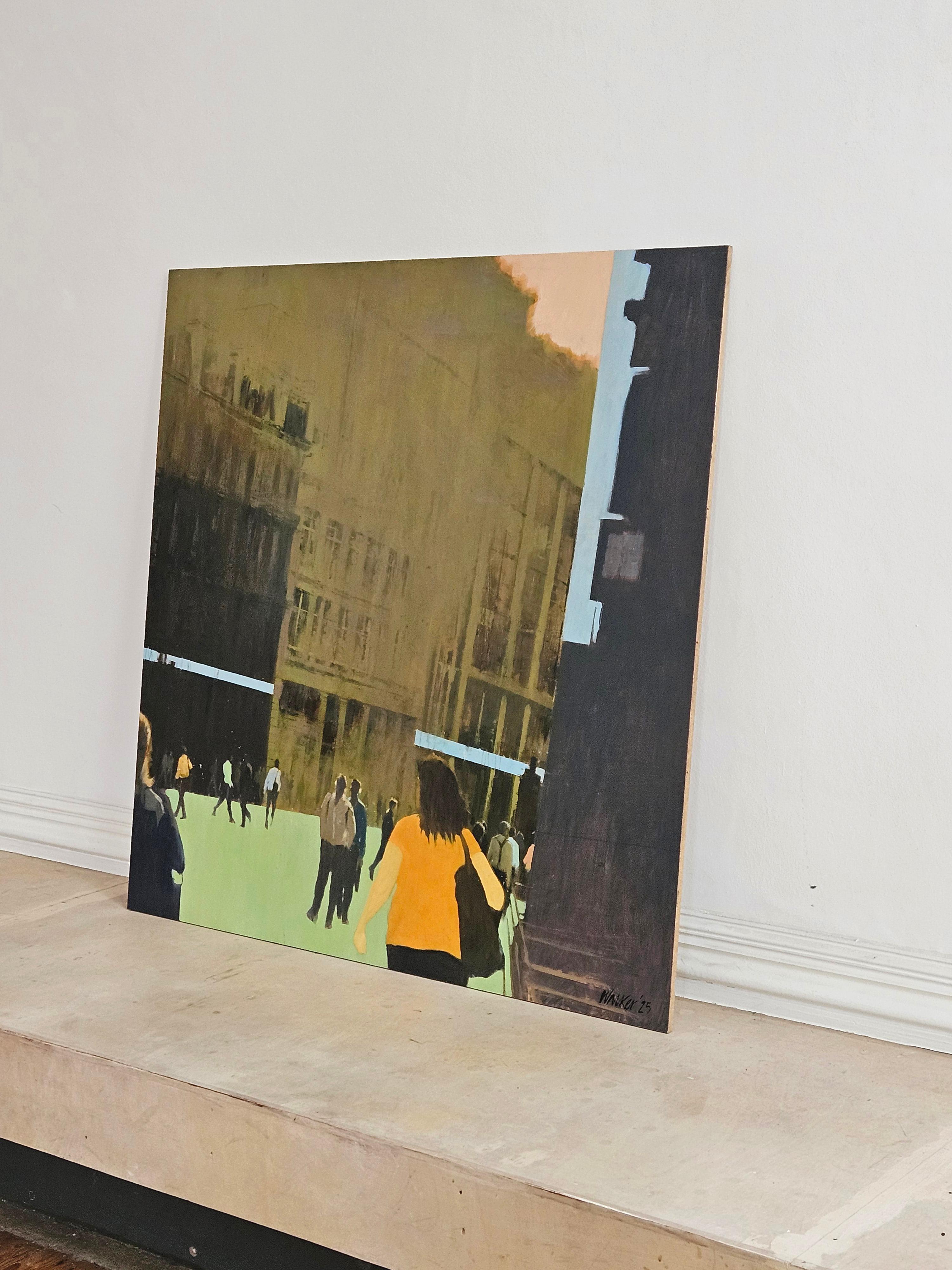 Movement in Leadenhall Street - Brown Figurative Painting by David Walker 