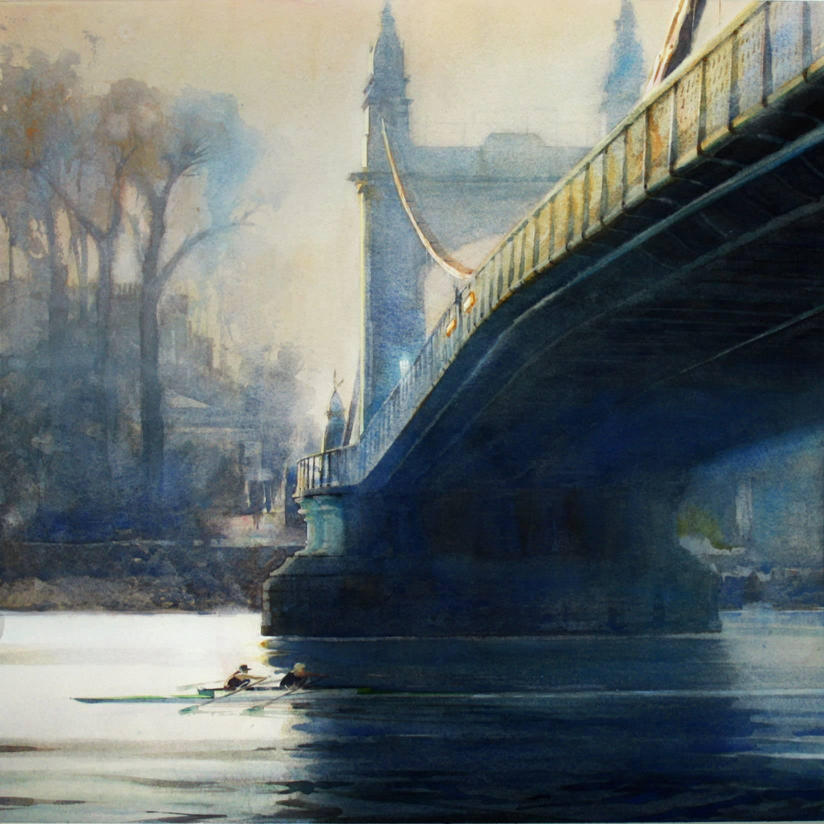 David Walker Landscape Art - The Bridge at Hammersmith - London cityscape bridge Thames watercolor framed