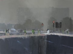 Across the Divide - London cityscape crossing traffic light oil painting
