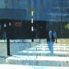 Blue Palisade - Scène de rue contemporaine à Londres : Aquarelle encadrée