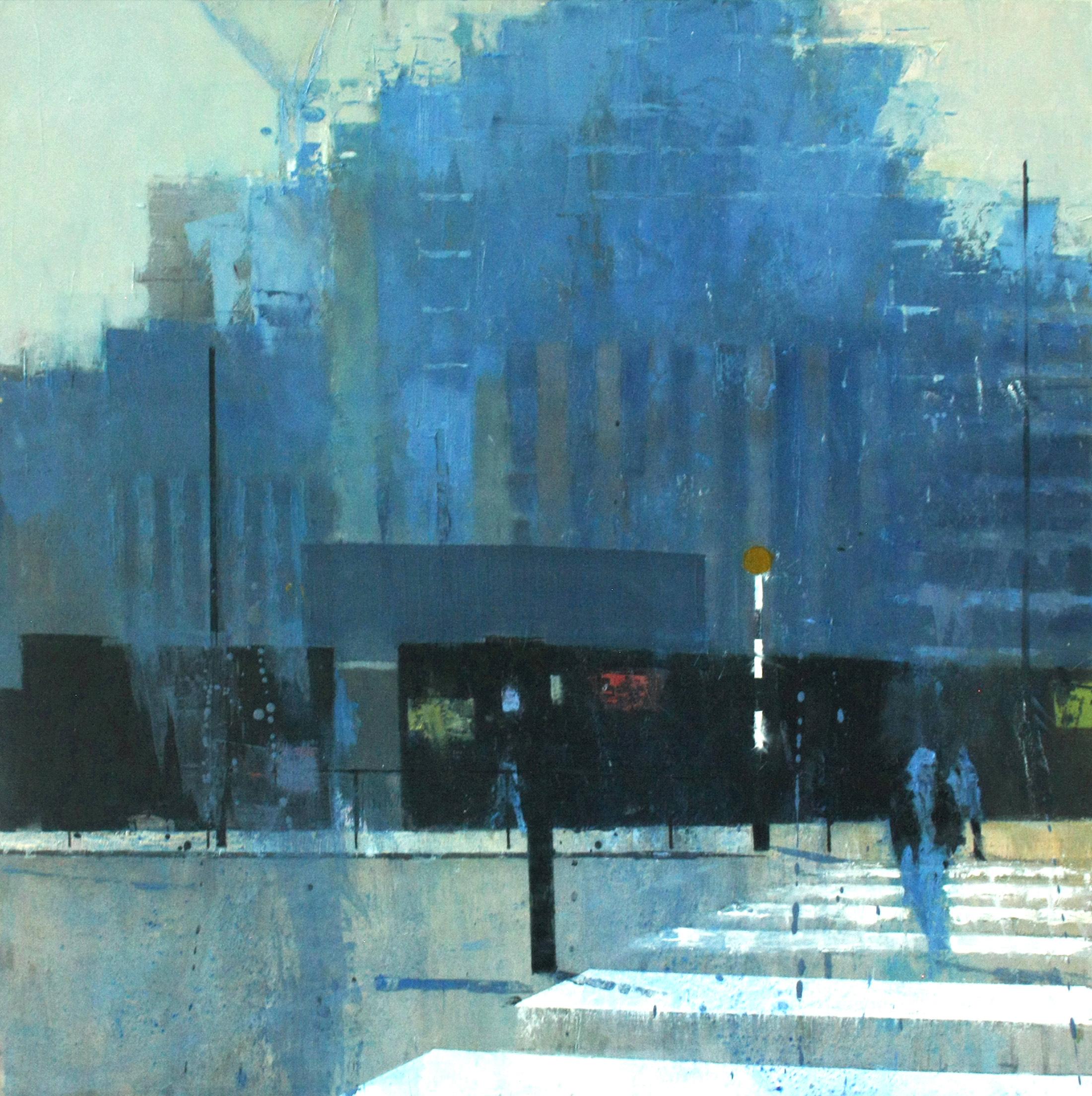 David Walker Landscape Painting - Blue Palisade - Contemporary London Street Scene: Framed Watercolour