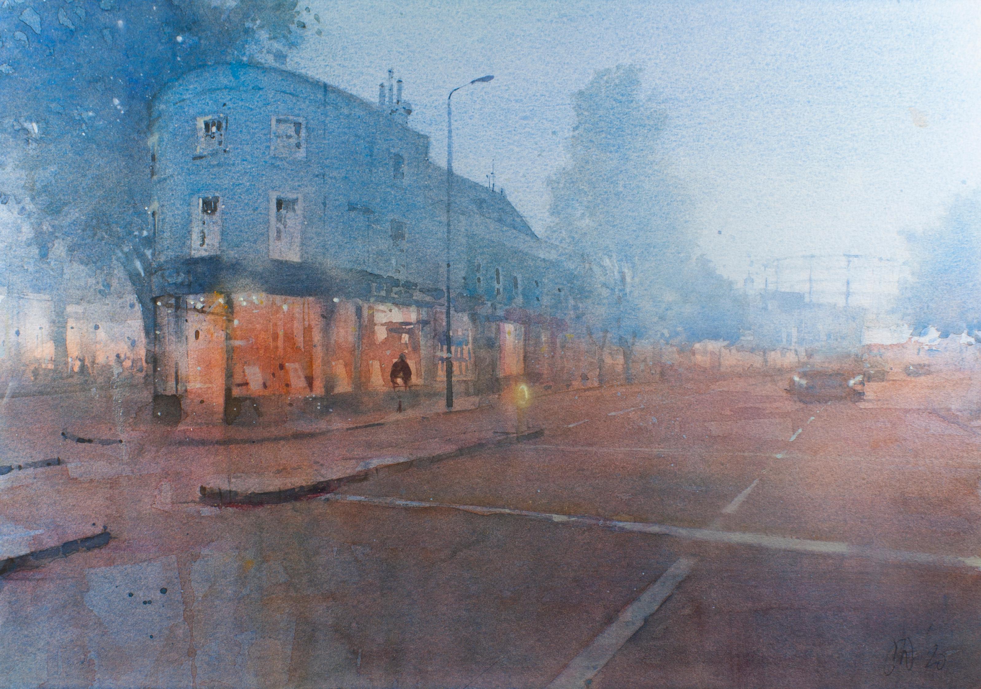 David Walker Landscape Painting - Early Morning Kennington - Dreamy London Street Scene: Watercolour on Paper