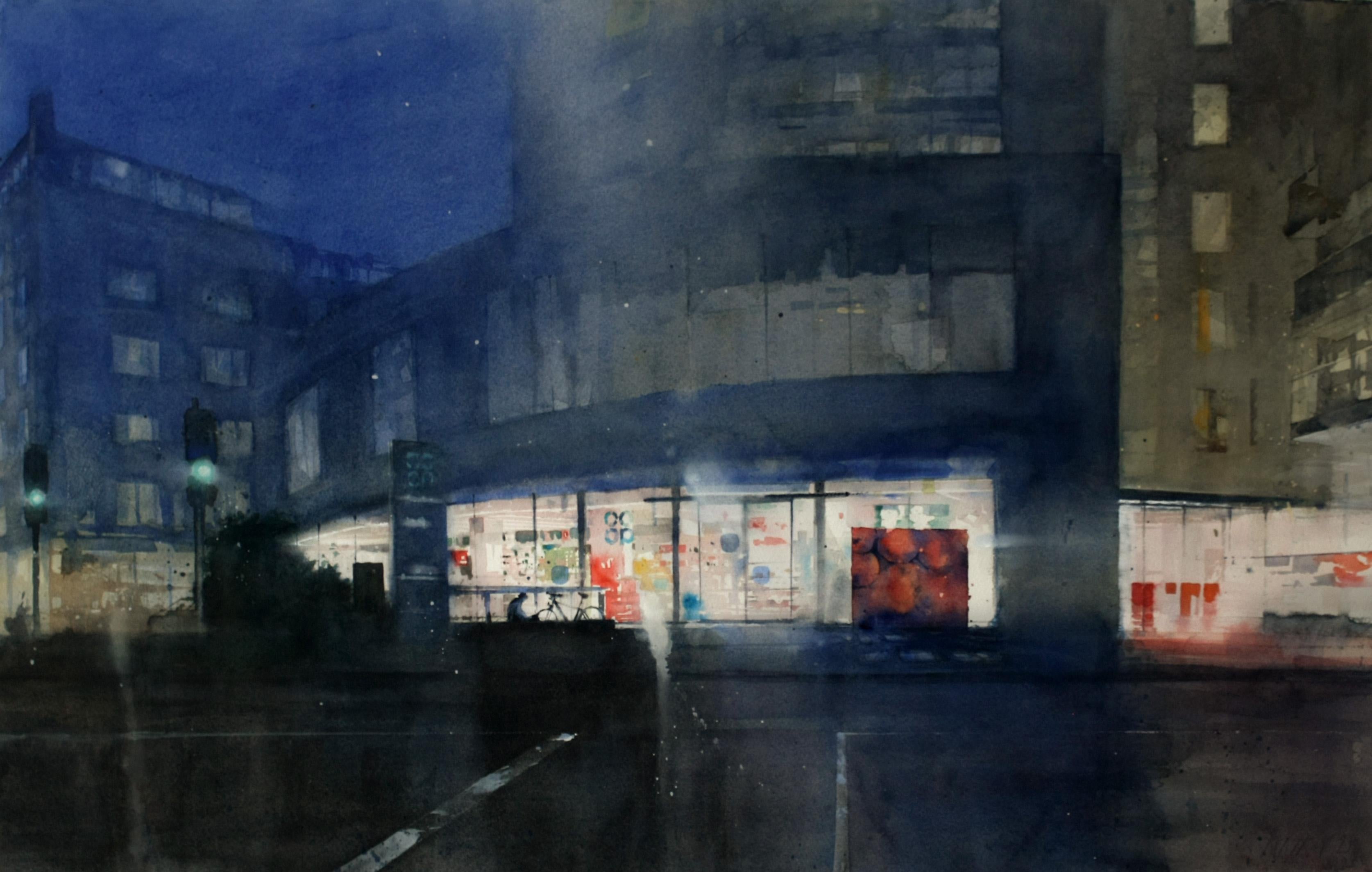 Opening time - contemporary watercolour architecture London night street