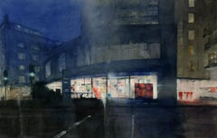 Temps d'ouverture - architecture contemporaine à l'aquarelle - rue du soir de Londres