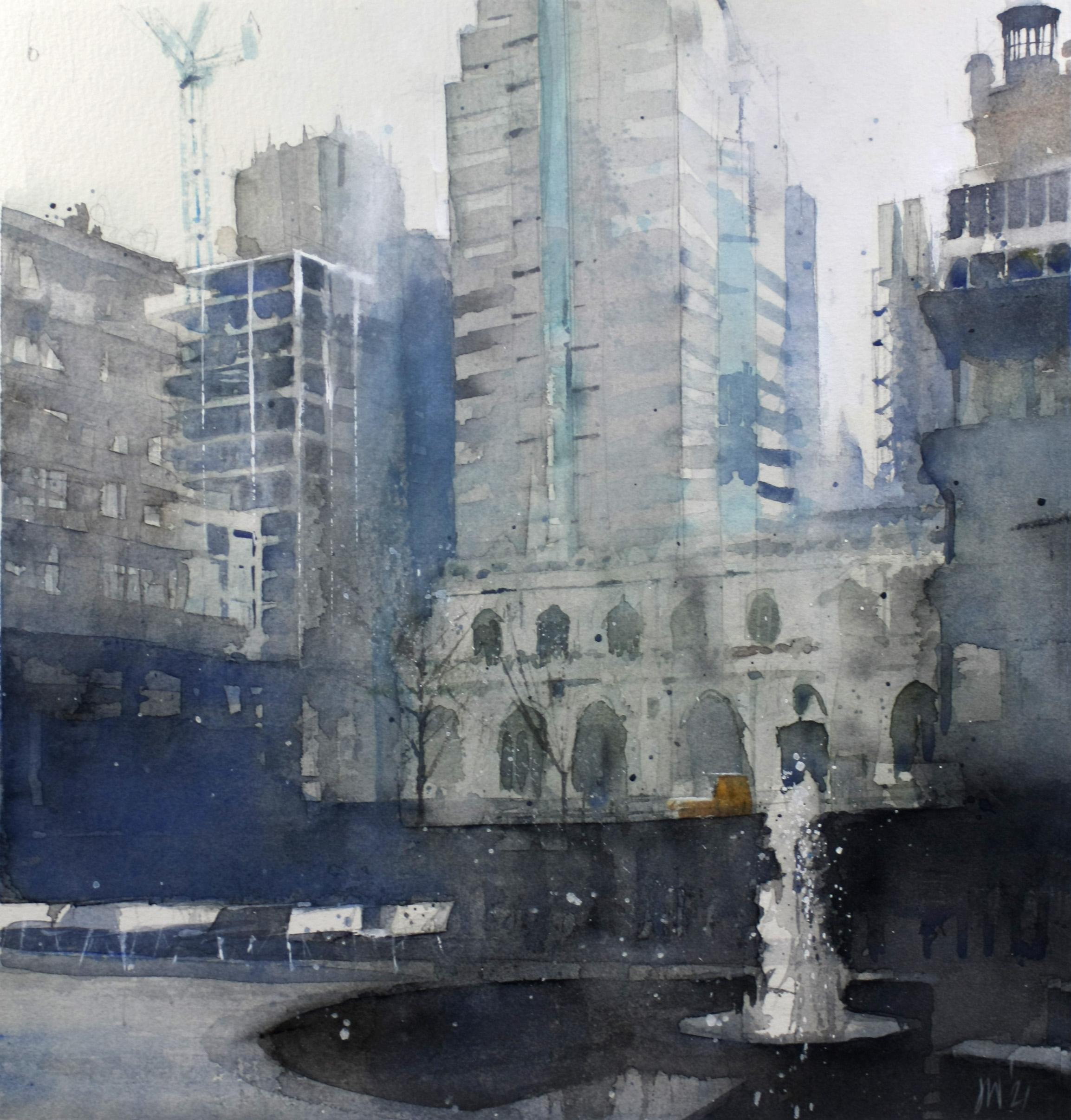 David Walker Landscape Painting - St Giles, Cripplegate - Contemporary London Street Scene: Framed Watercolour