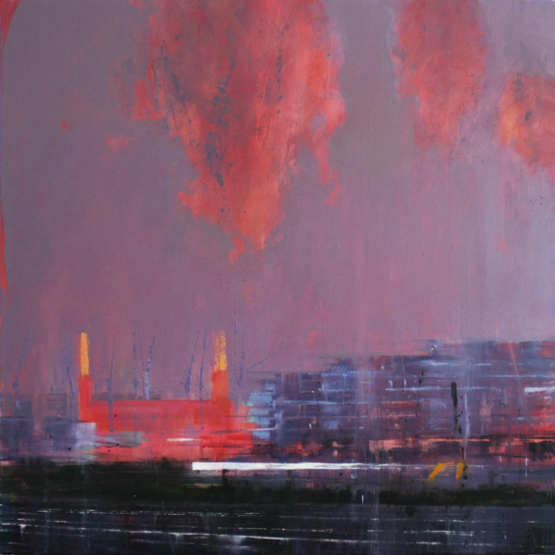 David Walker Figurative Painting - The Power Station-contemporary cityscape architecture London Battersea painting 