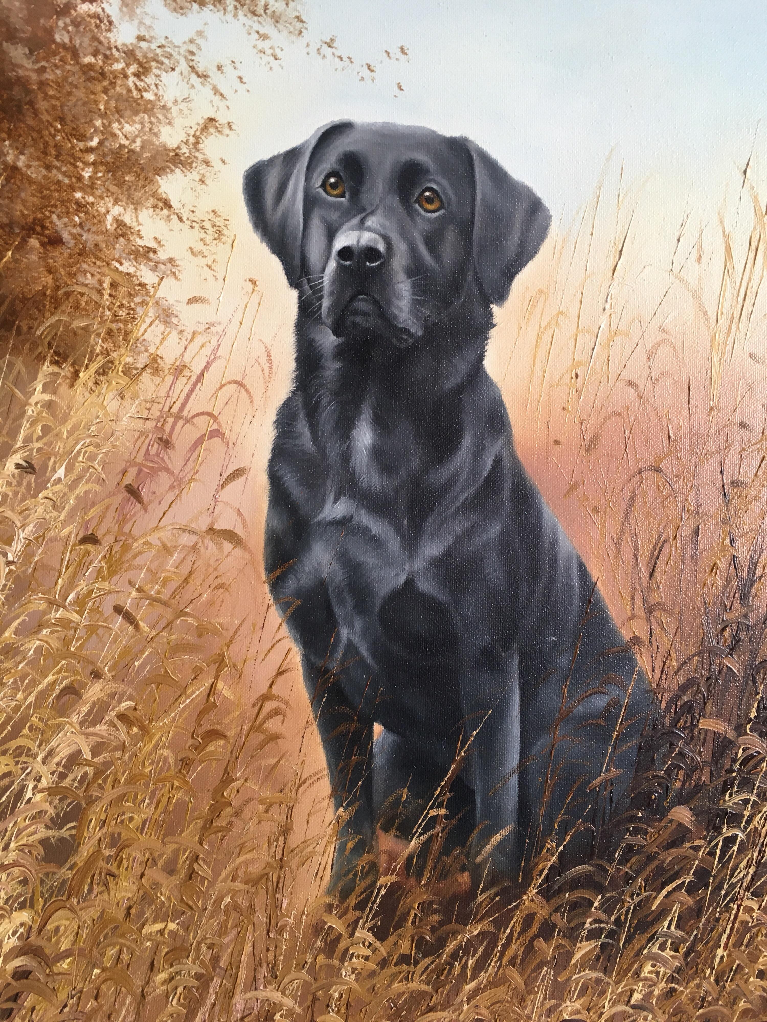 Black Labrador, Dog Portrait, Impressionist Oil Painting, Signed - Brown Portrait Painting by David Waller