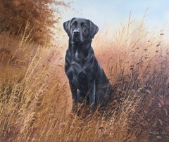 Vintage Black Labrador, Dog Portrait, Impressionist Oil Painting, Signed