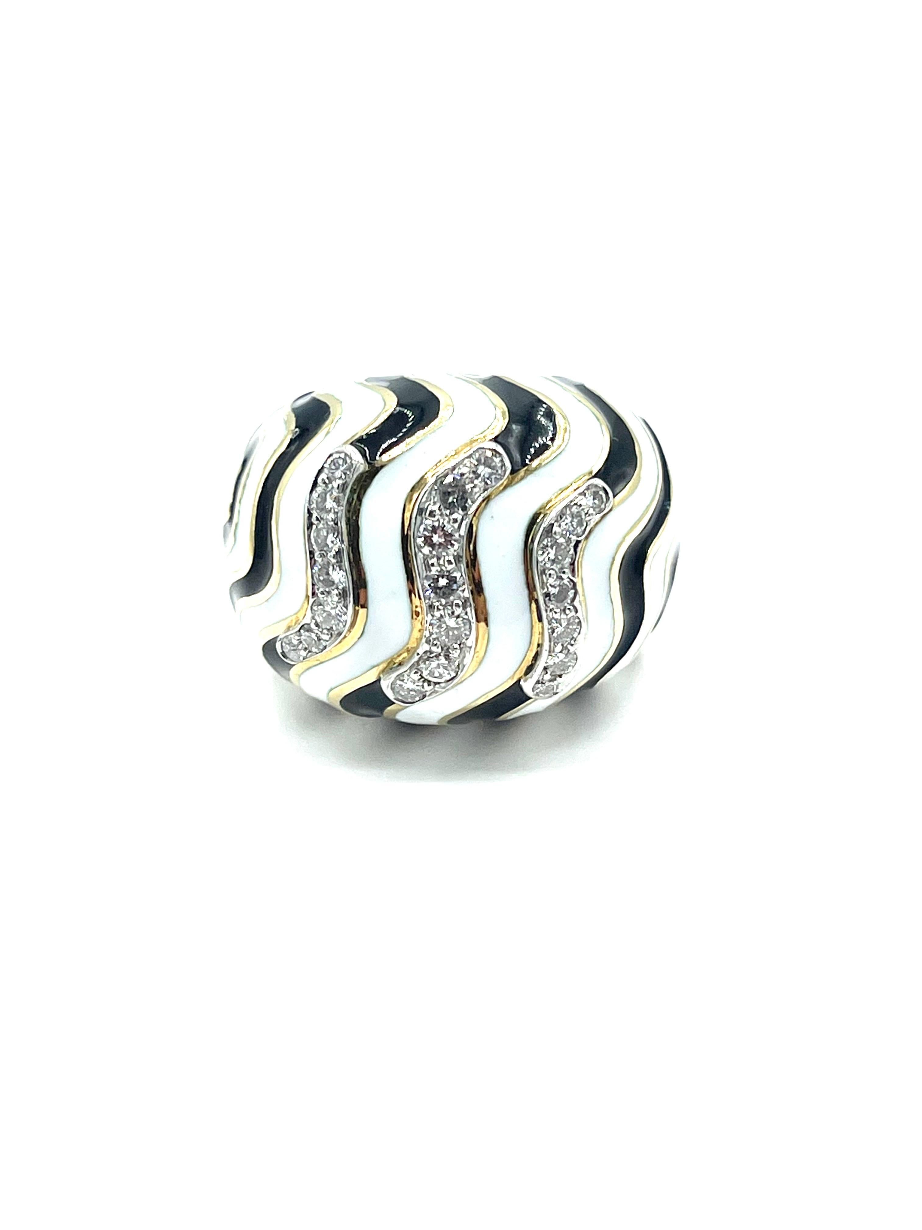 Retro David Webb 0.50 Carat Round Brilliant Diamond and Striped Enamel Cocktail Ring For Sale