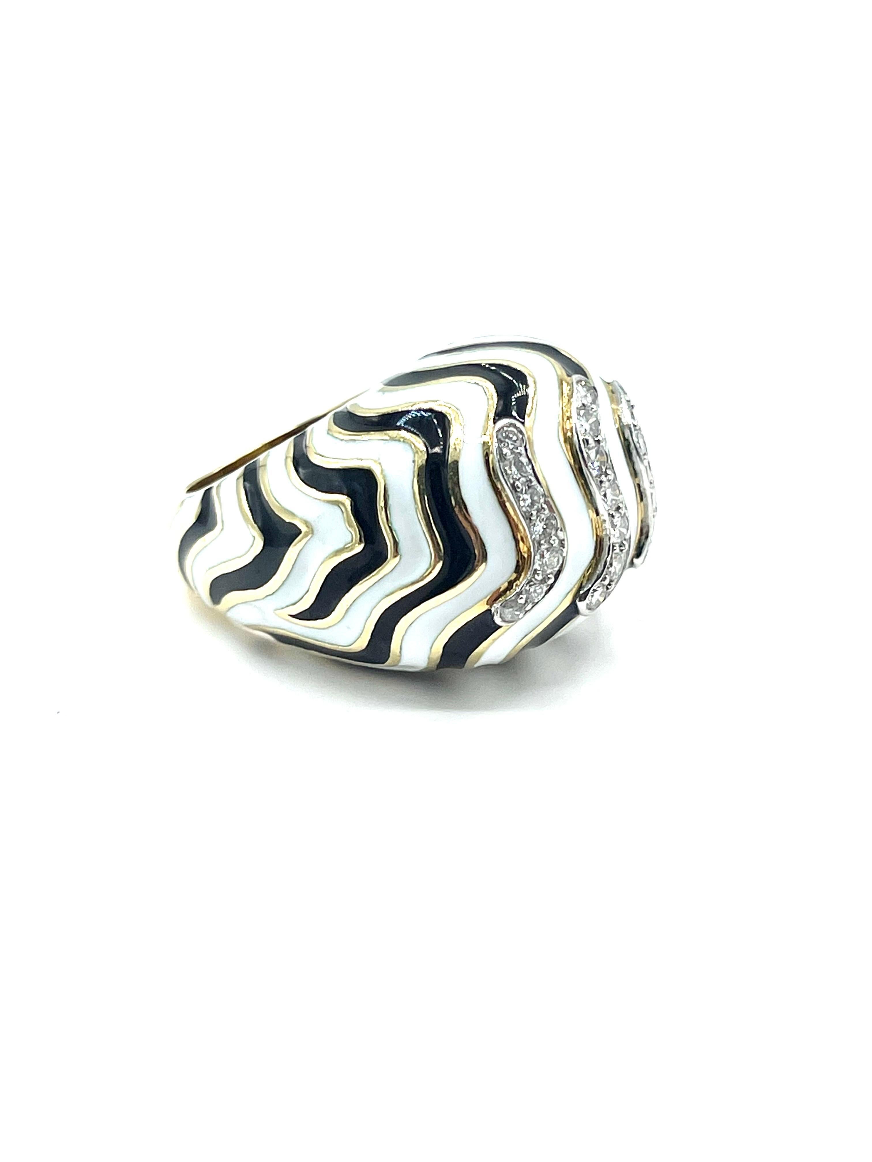 Round Cut David Webb 0.50 Carat Round Brilliant Diamond and Striped Enamel Cocktail Ring For Sale