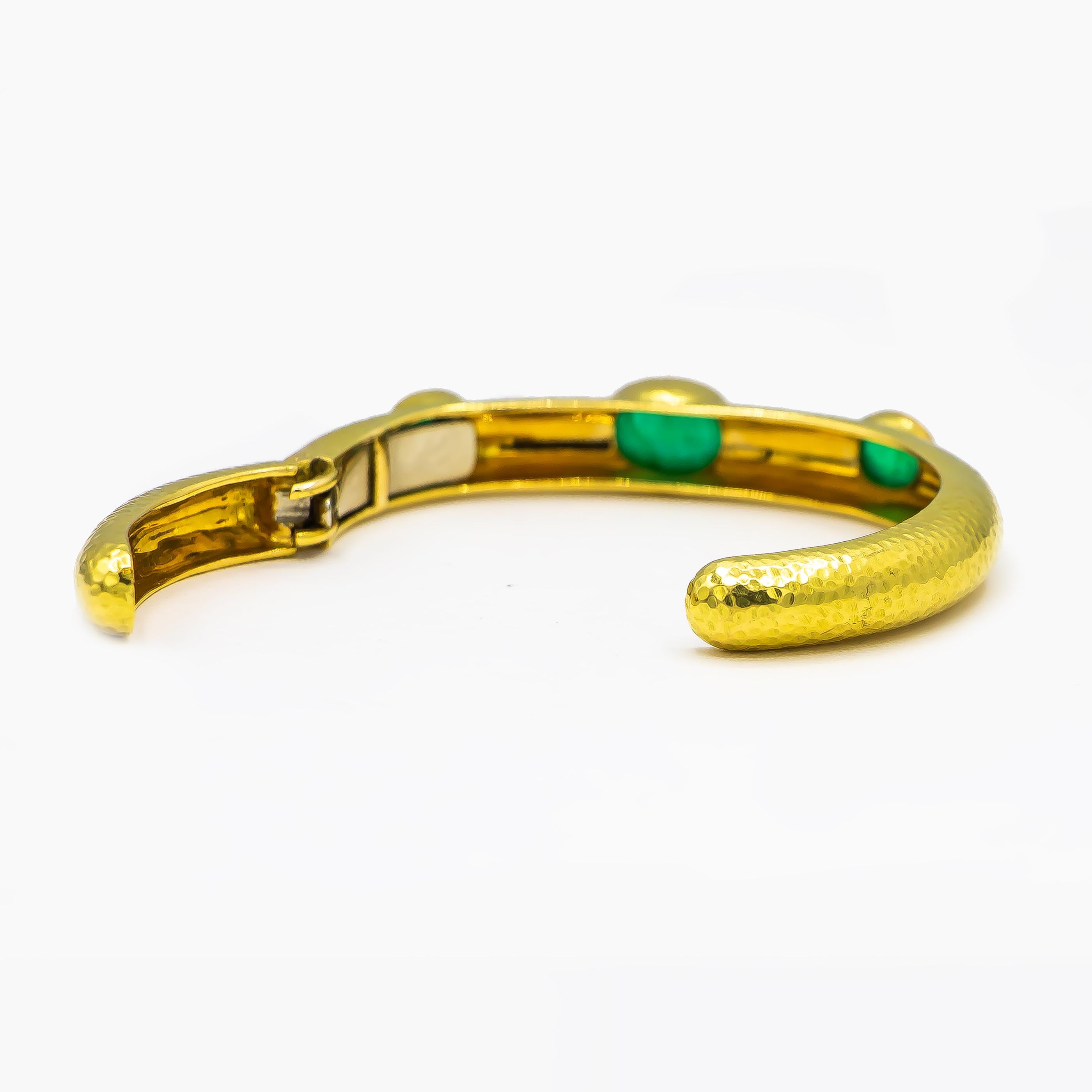 David Webb 10 Carat Cabochon Emeralds Cuff Bracelet 18 Karat Gold Handmade In Excellent Condition In Carlsbad, CA