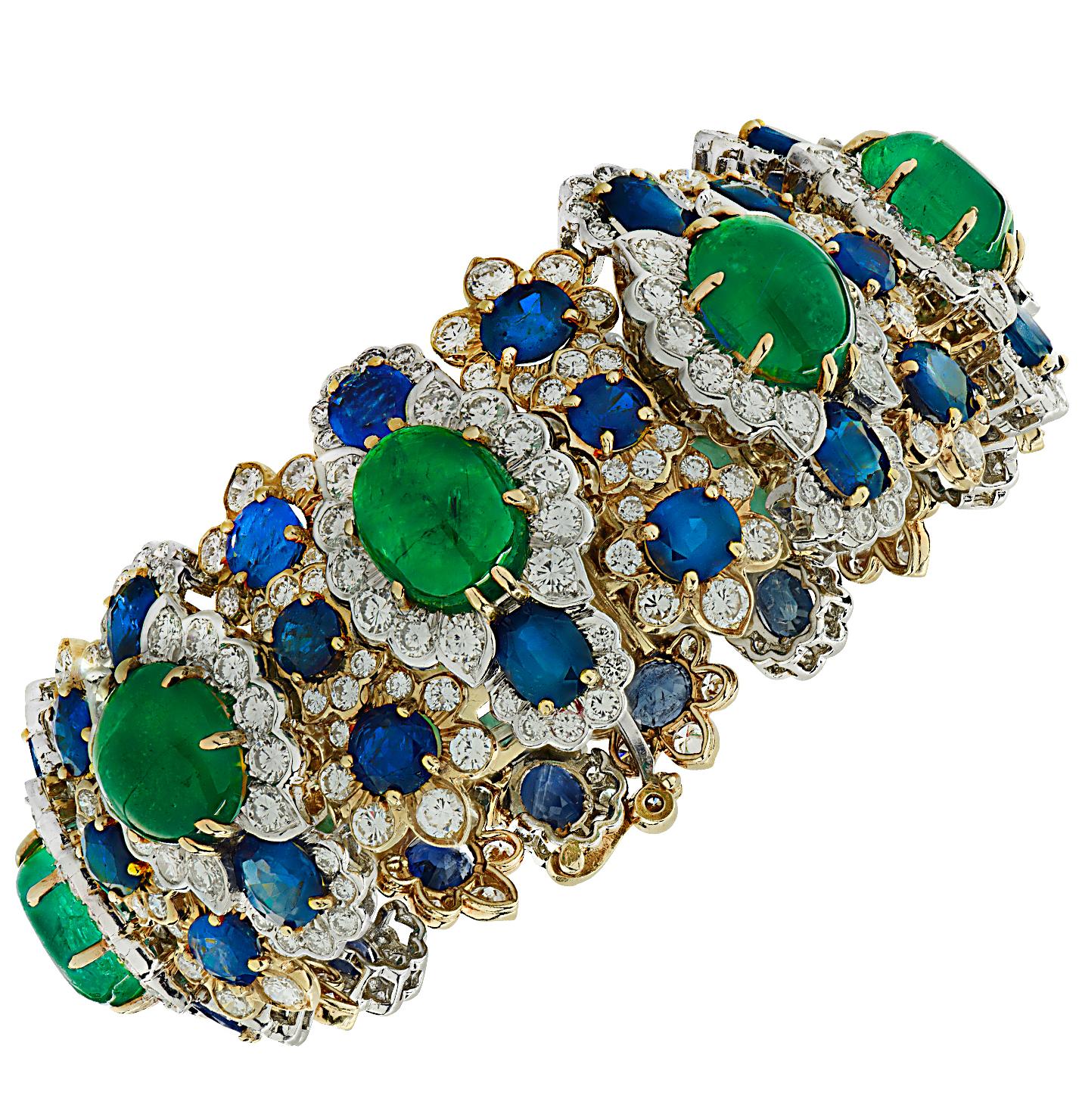 Modern David Webb 109.4 Carat Emerald, Sapphire, and Diamond Bracelet  For Sale