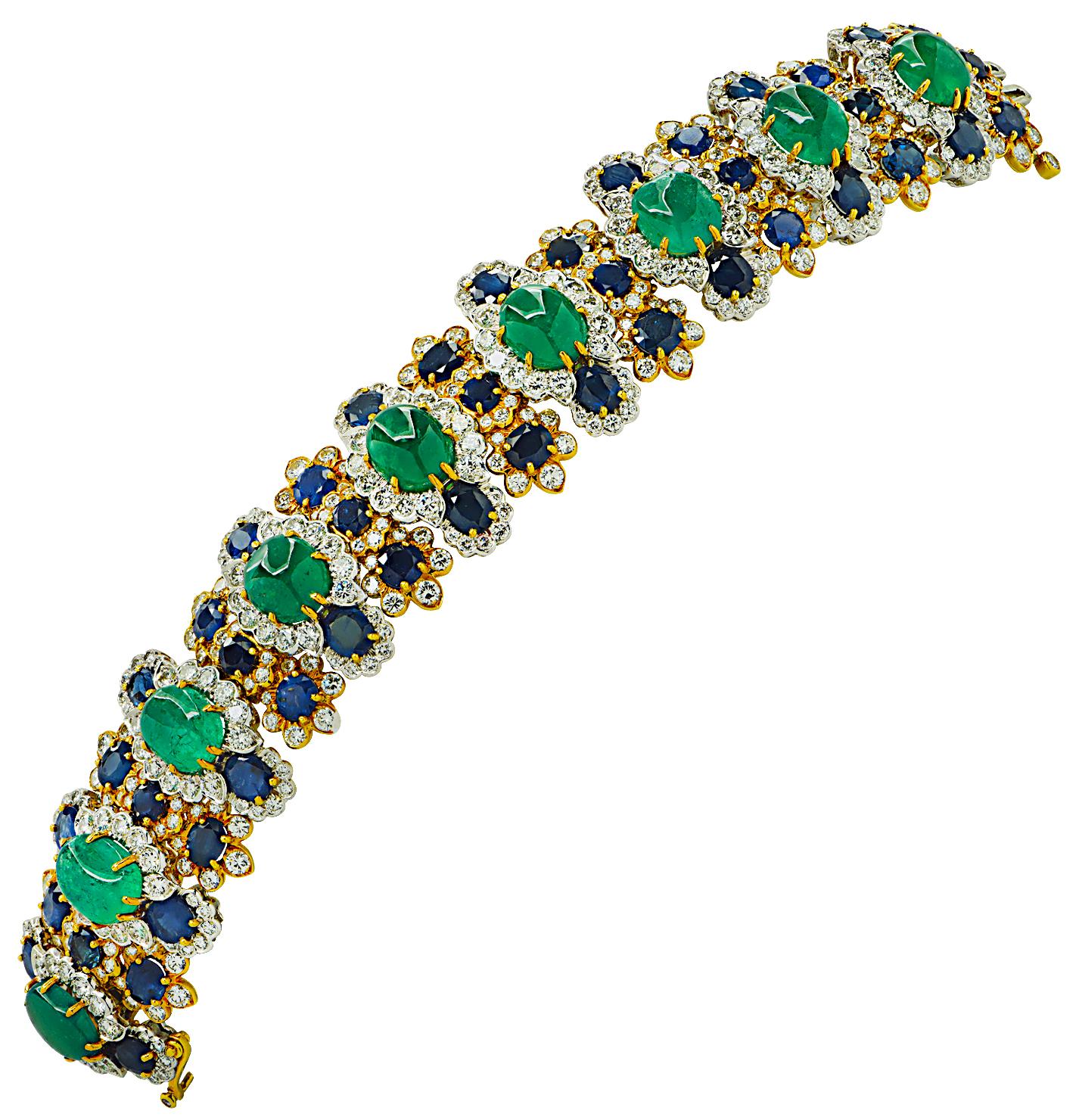 Cabochon David Webb 109.4 Carat Emerald, Sapphire, and Diamond Bracelet  For Sale