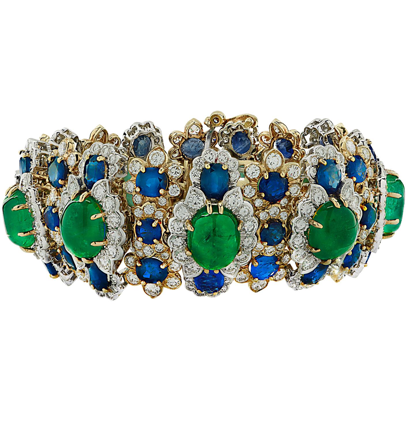 Women's David Webb 109.4 Carat Emerald, Sapphire, and Diamond Bracelet  For Sale
