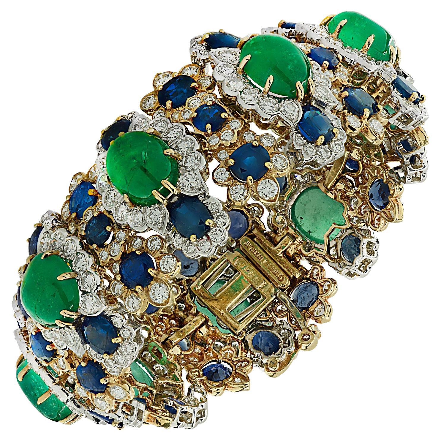 David Webb 109.4 Carat Emerald, Sapphire, and Diamond Bracelet  For Sale