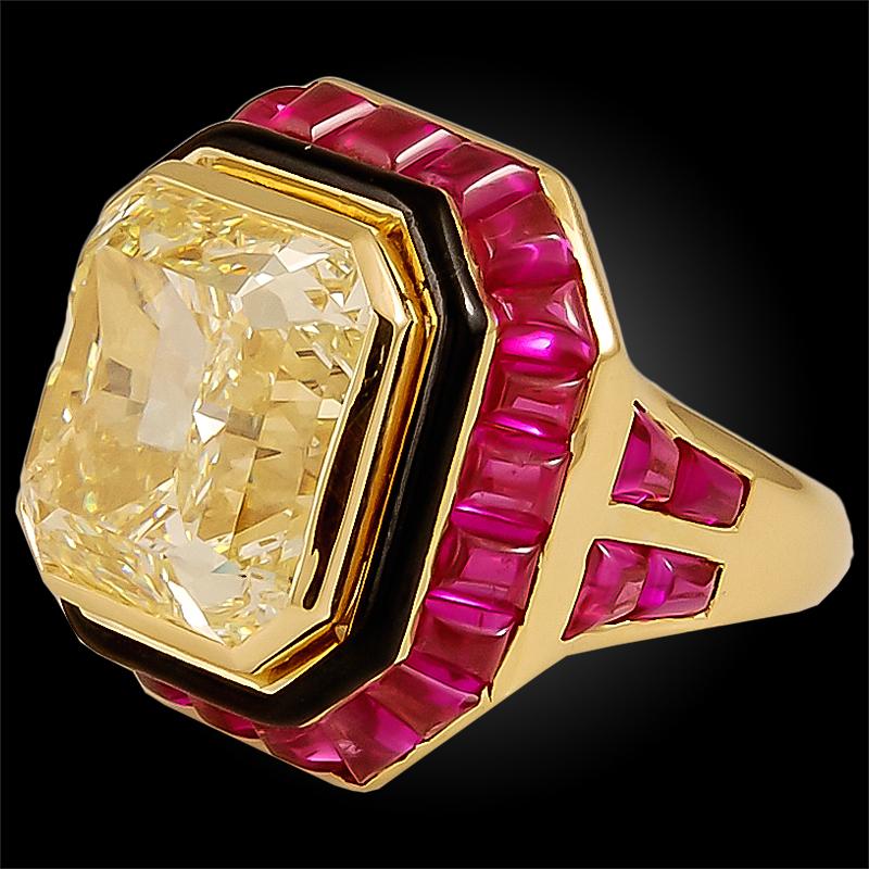 Cushion Cut David Webb Natural Yellow Diamond Ruby Yellow Gold Ring For Sale