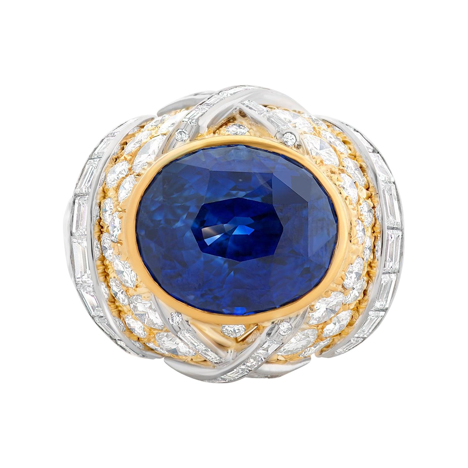 David Webb: 18KYG & Platin Ring mit 16,62 Karat ovalem Ceylon Saphir und Diamant