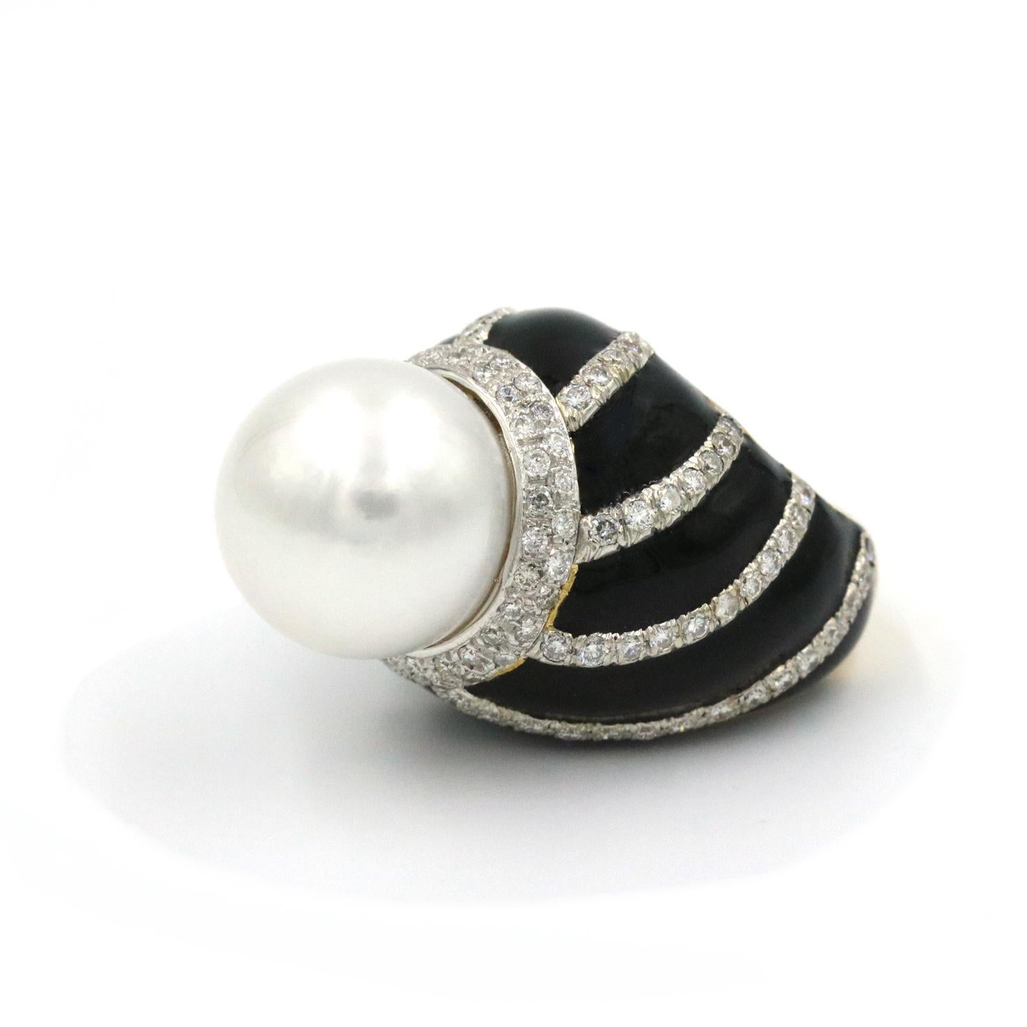 Art déco David Webb Bague en perles avec diamants en or 18 carats YG, platine et émail noir en vente
