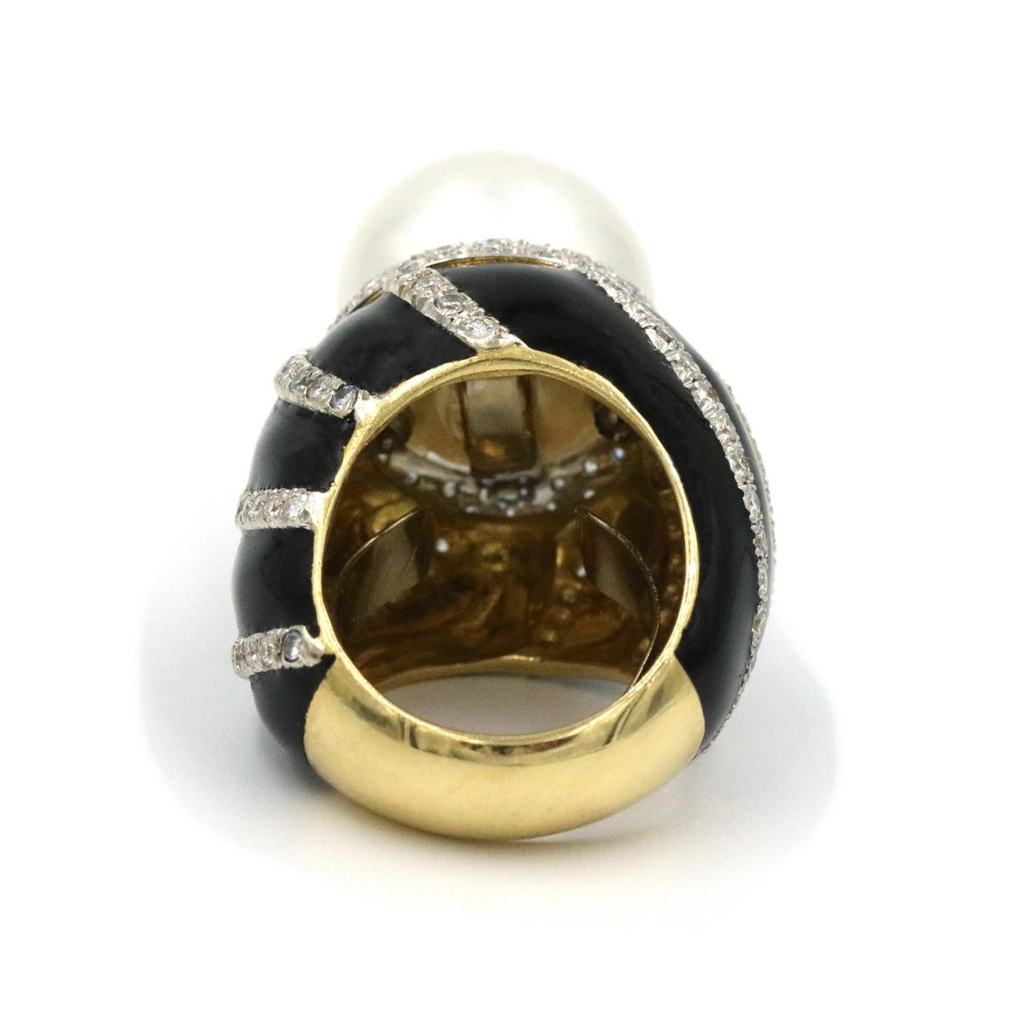 Art Deco David Webb Pearl Ring with Diamonds in 18k YG, Platinum and Black Enamel For Sale