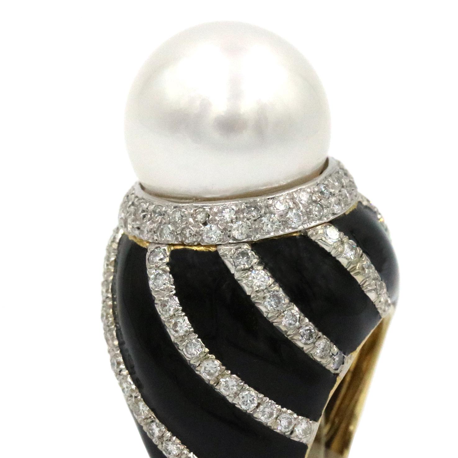 Round Cut David Webb Pearl Ring with Diamonds in 18k YG, Platinum and Black Enamel For Sale