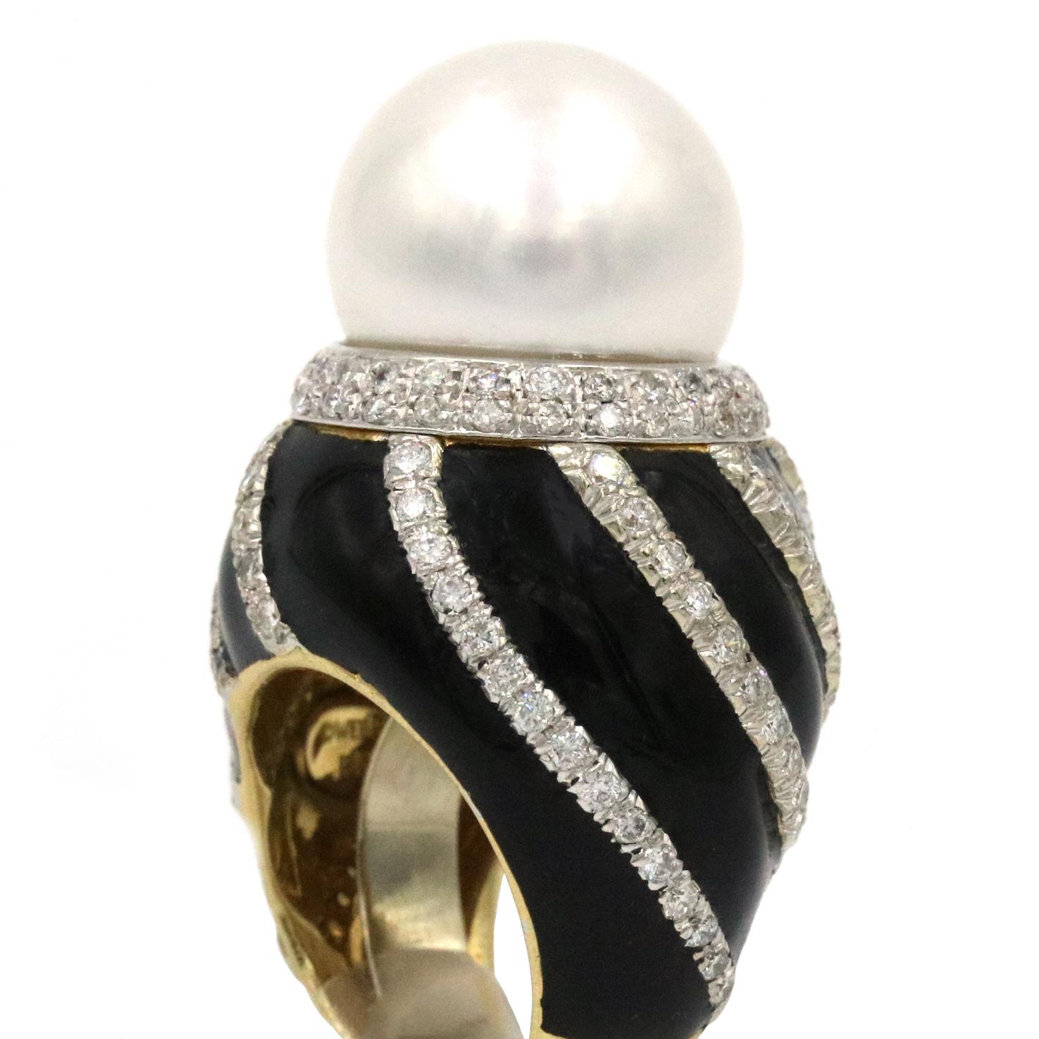 David Webb Pearl Ring with Diamonds in 18k YG, Platinum and Black Enamel In Excellent Condition For Sale In Naples, FL