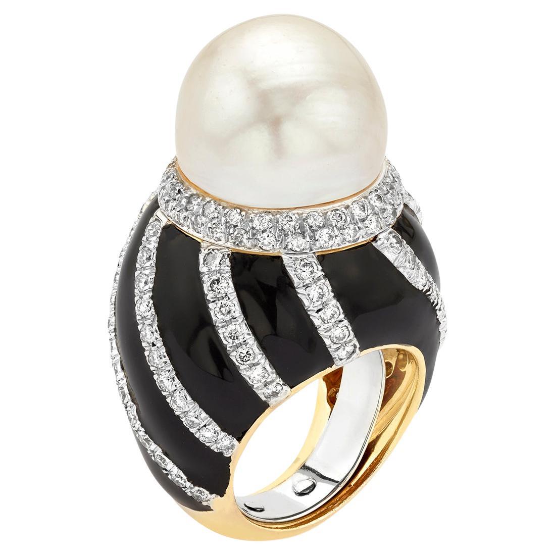 David Webb Pearl Ring with Diamonds in 18k YG, Platinum and Black Enamel For Sale