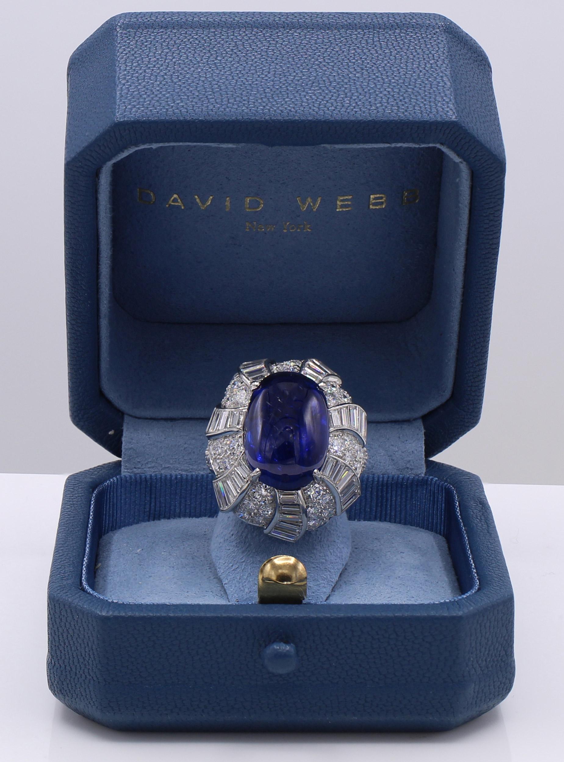 Beautifully designed and masterfully handcrafted by the renown and iconic American jeweler David Webb, this unique 1950s ring features a gorgeous amazingly saturated cabochon sapphire weighing 17.02 carats. The sapphire is accompanied by two