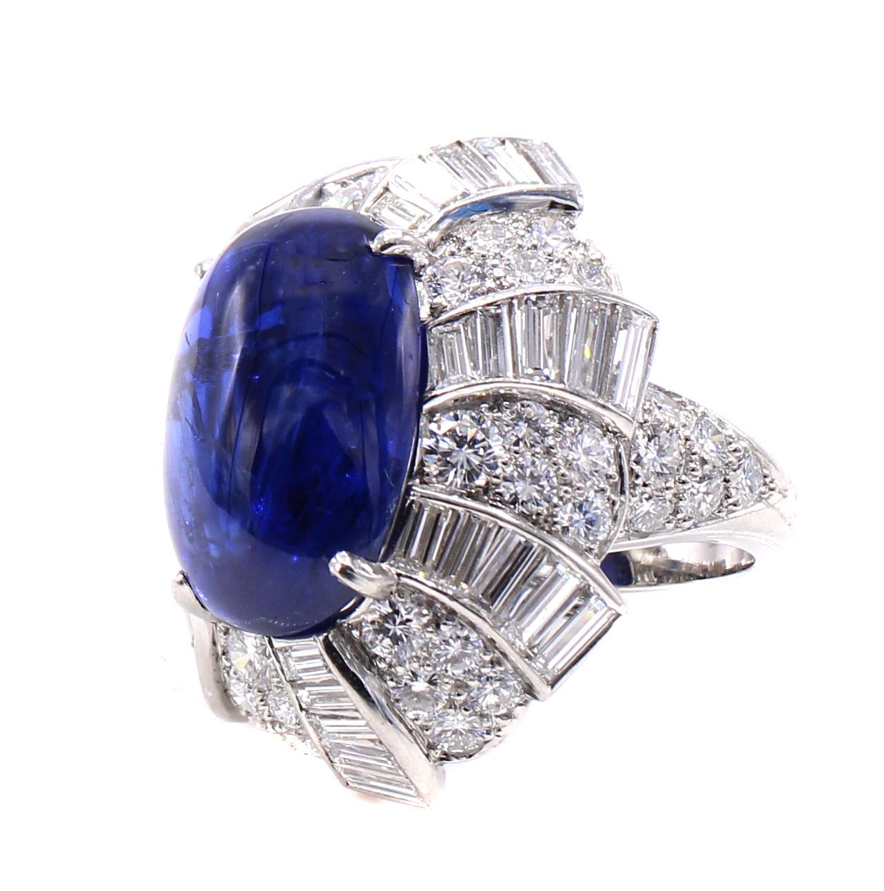 David Webb 17 Carat Burma Cabochon Sapphire Diamond 1950s Platinum RIng  In Excellent Condition For Sale In New York, NY