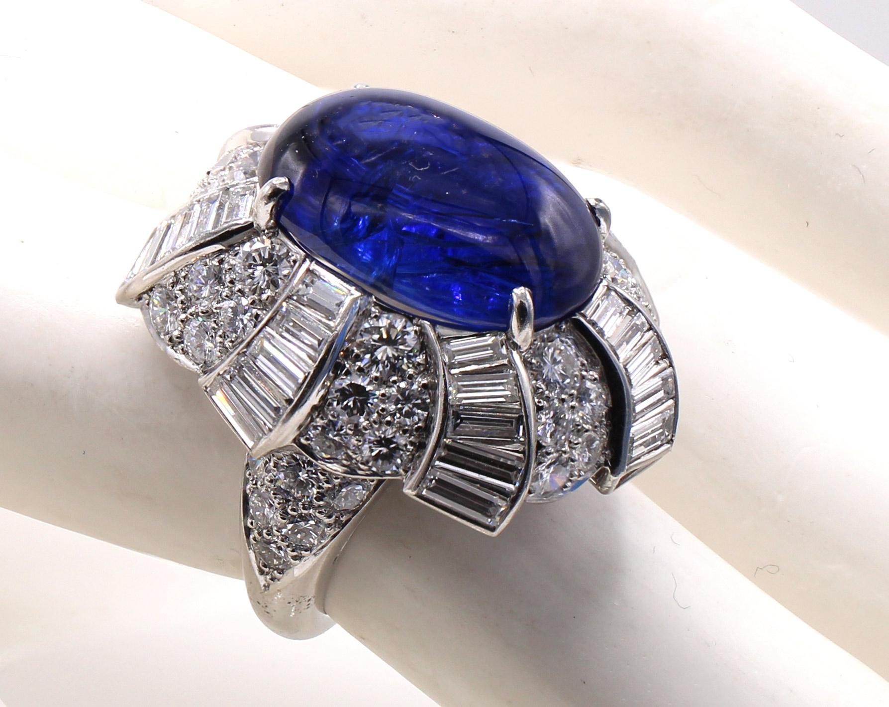 Women's or Men's David Webb 17 Carat Burma Cabochon Sapphire Diamond 1950s Platinum RIng  For Sale