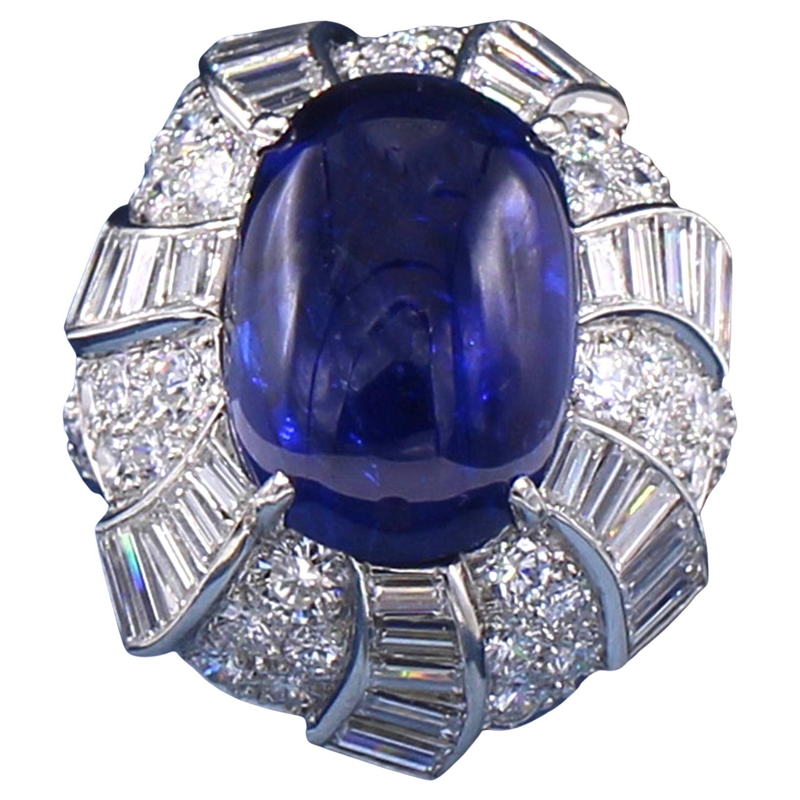 David Webb 17 Carat Burma Cabochon Sapphire Diamond 1950s Platinum RIng  For Sale