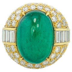 David Webb 17.91 Carat Cabochon Emerald and Diamond Ring in 18K Yellow Gold