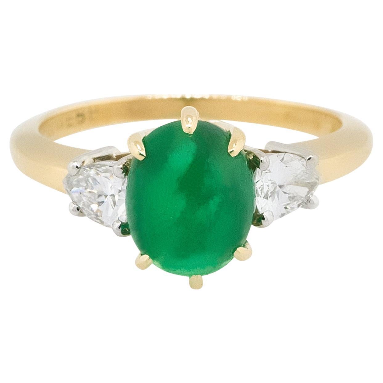 David Webb 18 Karat Emerald Cabochon & Diamond Ring For Sale
