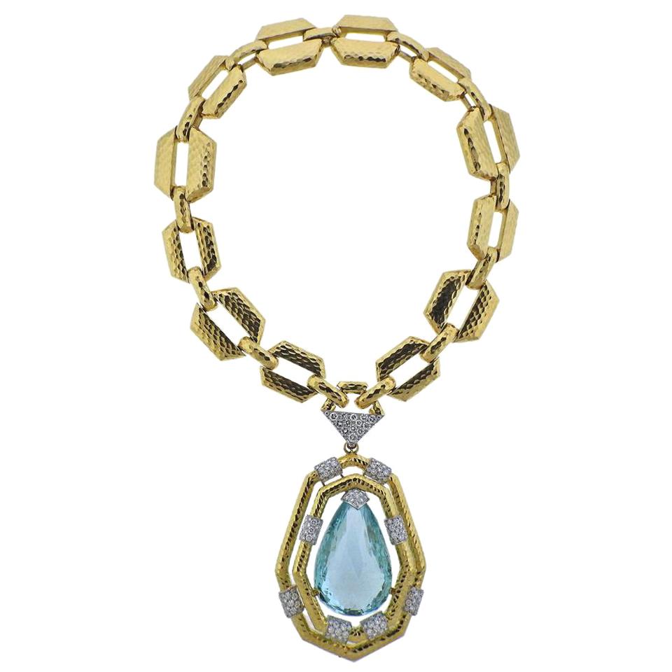 David Webb 18 Karat Gold 117 Carat Aquamarine Diamond Convertible Necklace
