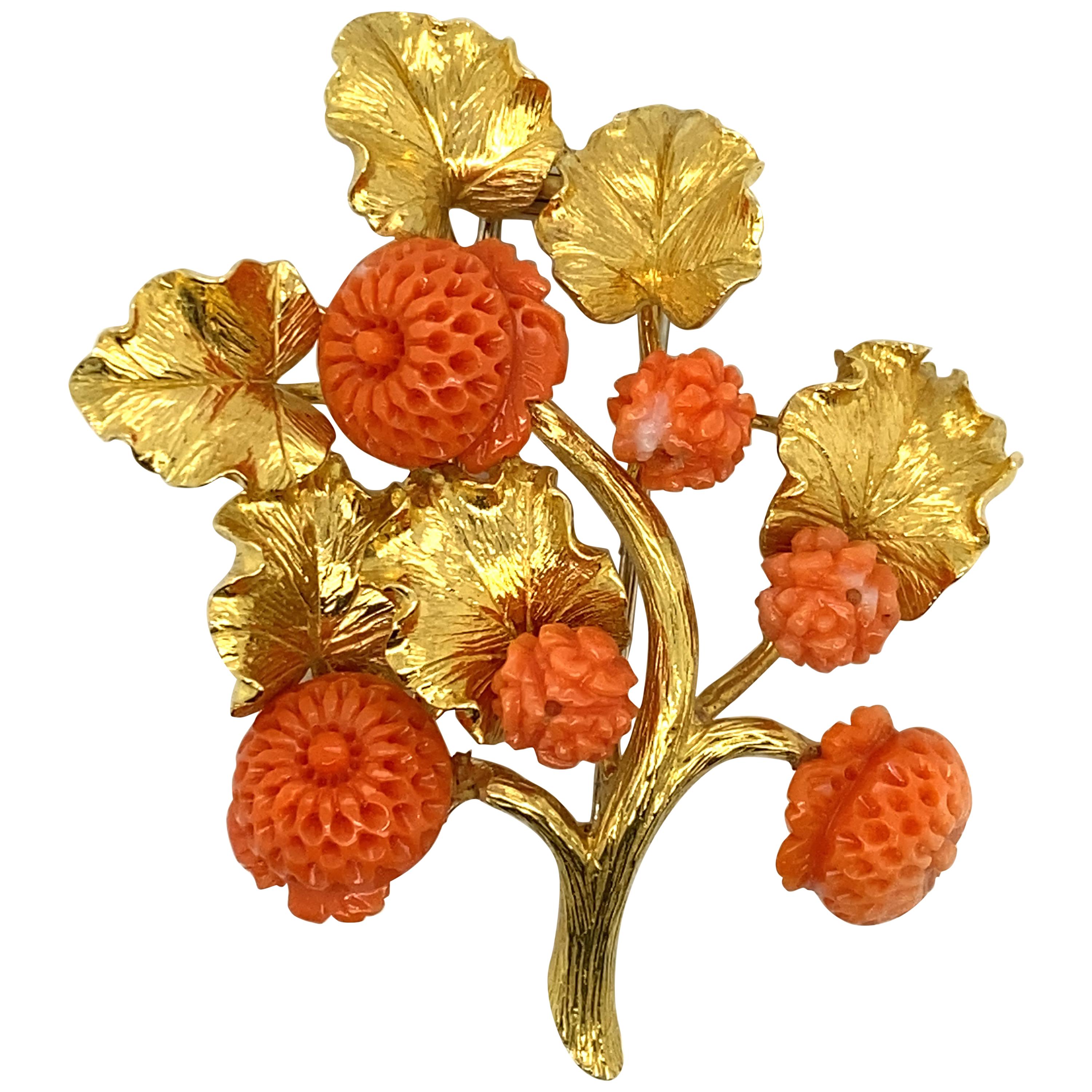 David Webb 18 Karat Gold and Carved Coral Floral Motif Brooch For Sale