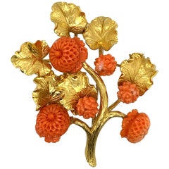 David Webb 18 Karat Gold and Carved Coral Floral Motif Brooch