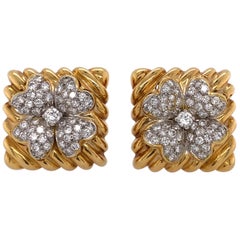 Retro David Webb 18 Karat Gold and Diamond Ear Clips