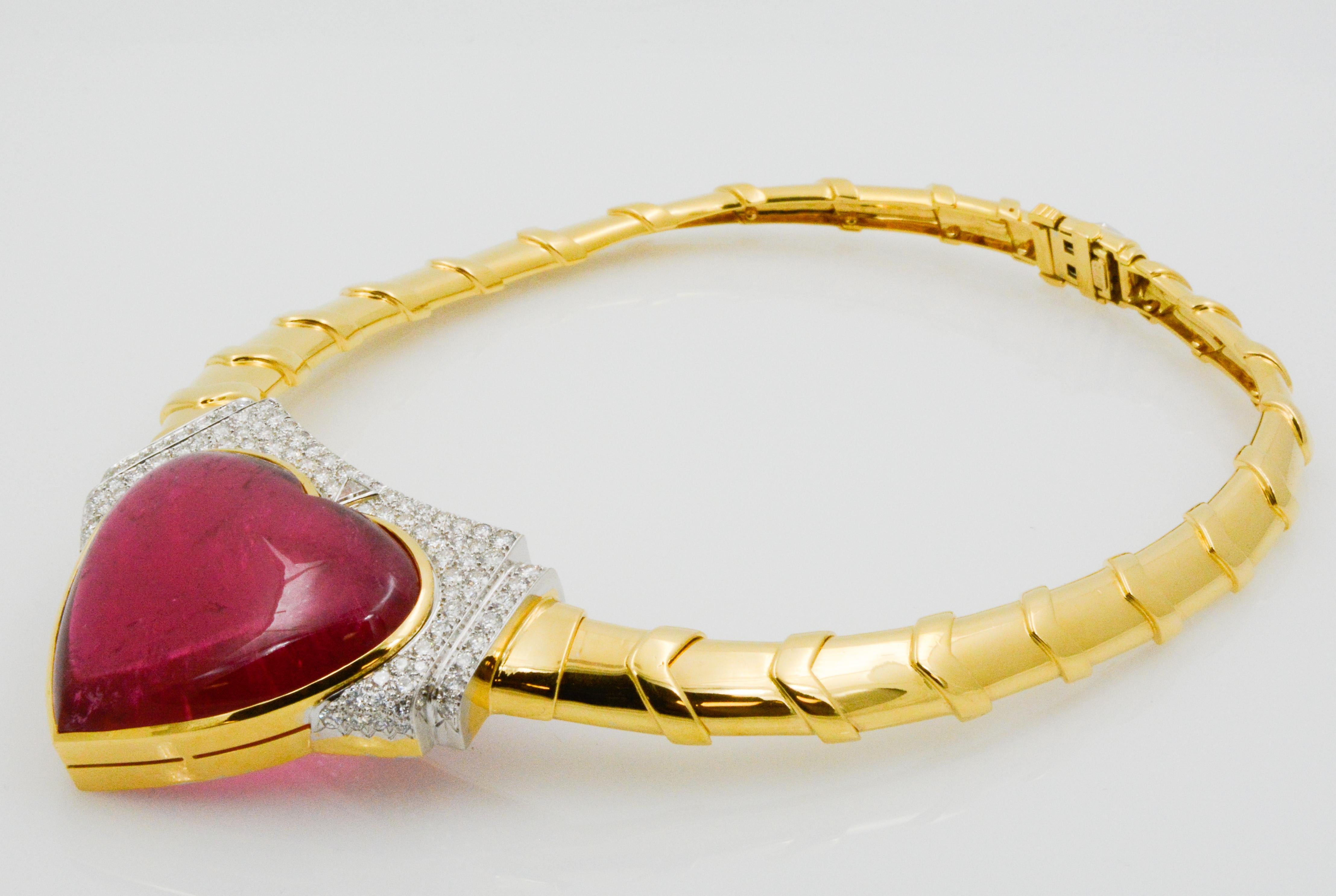 David Webb 18 Karat Gold and Platinum Heart Rubellite with Diamonds Necklace 8