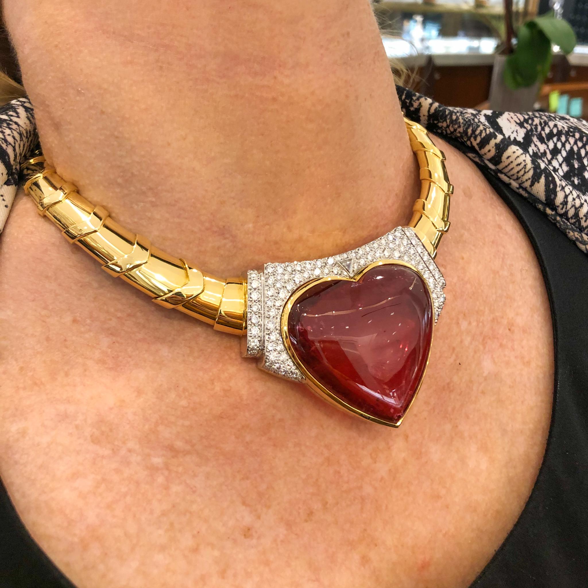 Halskette aus 18 Karat Gold und Platin mit Herz-Rubellit mit Diamanten von David Webb 9