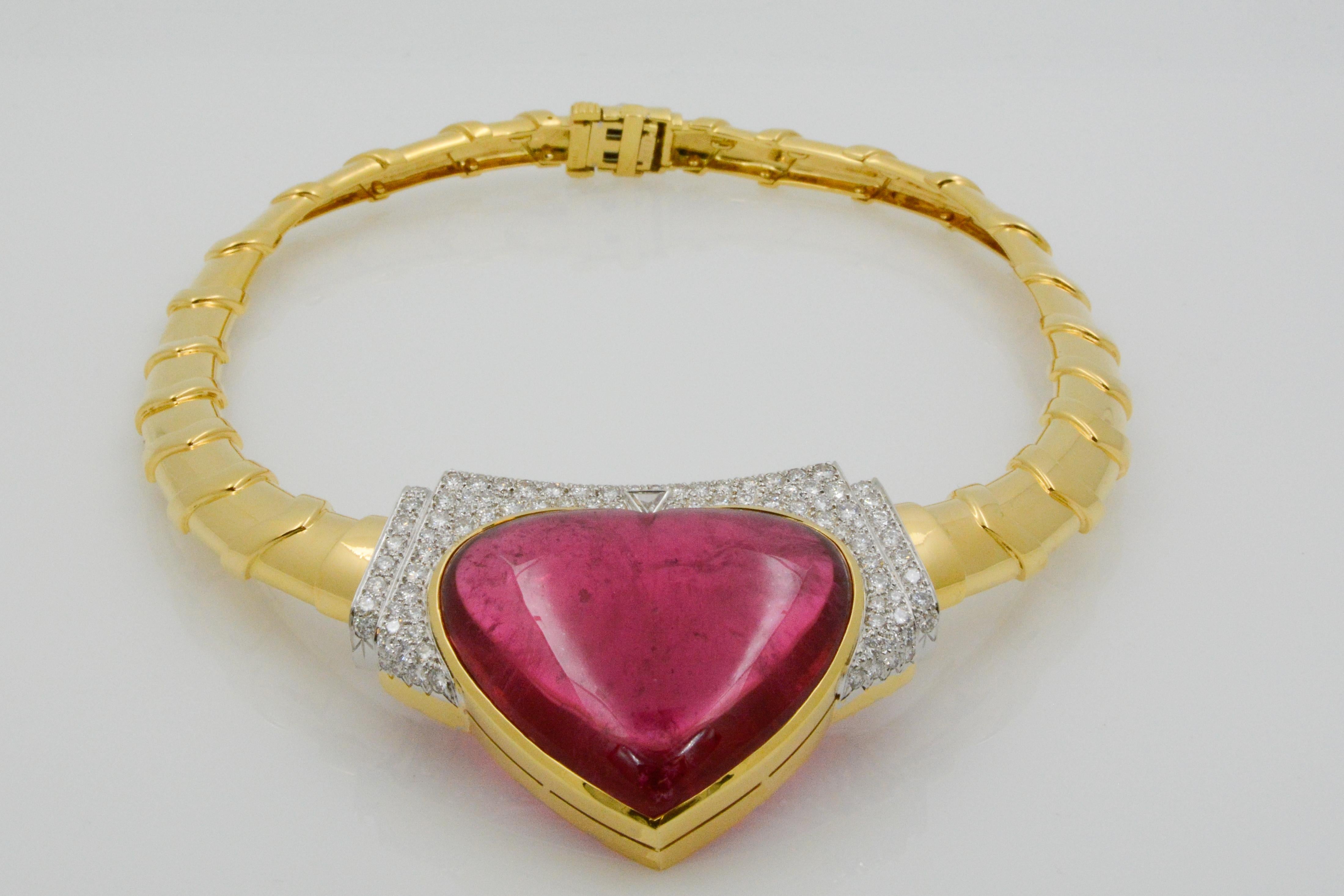 Modern David Webb 18 Karat Gold and Platinum Heart Rubellite with Diamonds Necklace