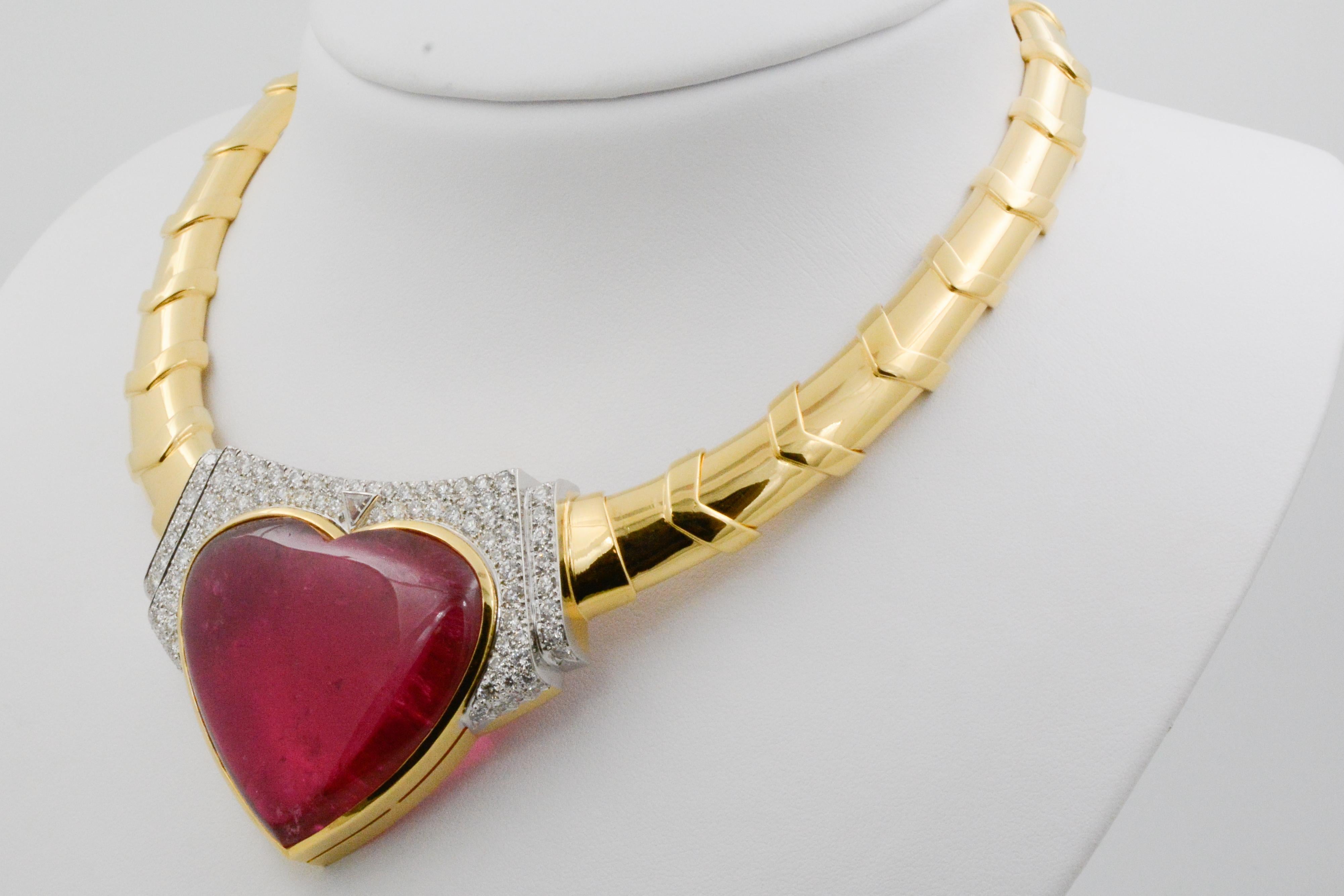 Round Cut David Webb 18 Karat Gold and Platinum Heart Rubellite with Diamonds Necklace