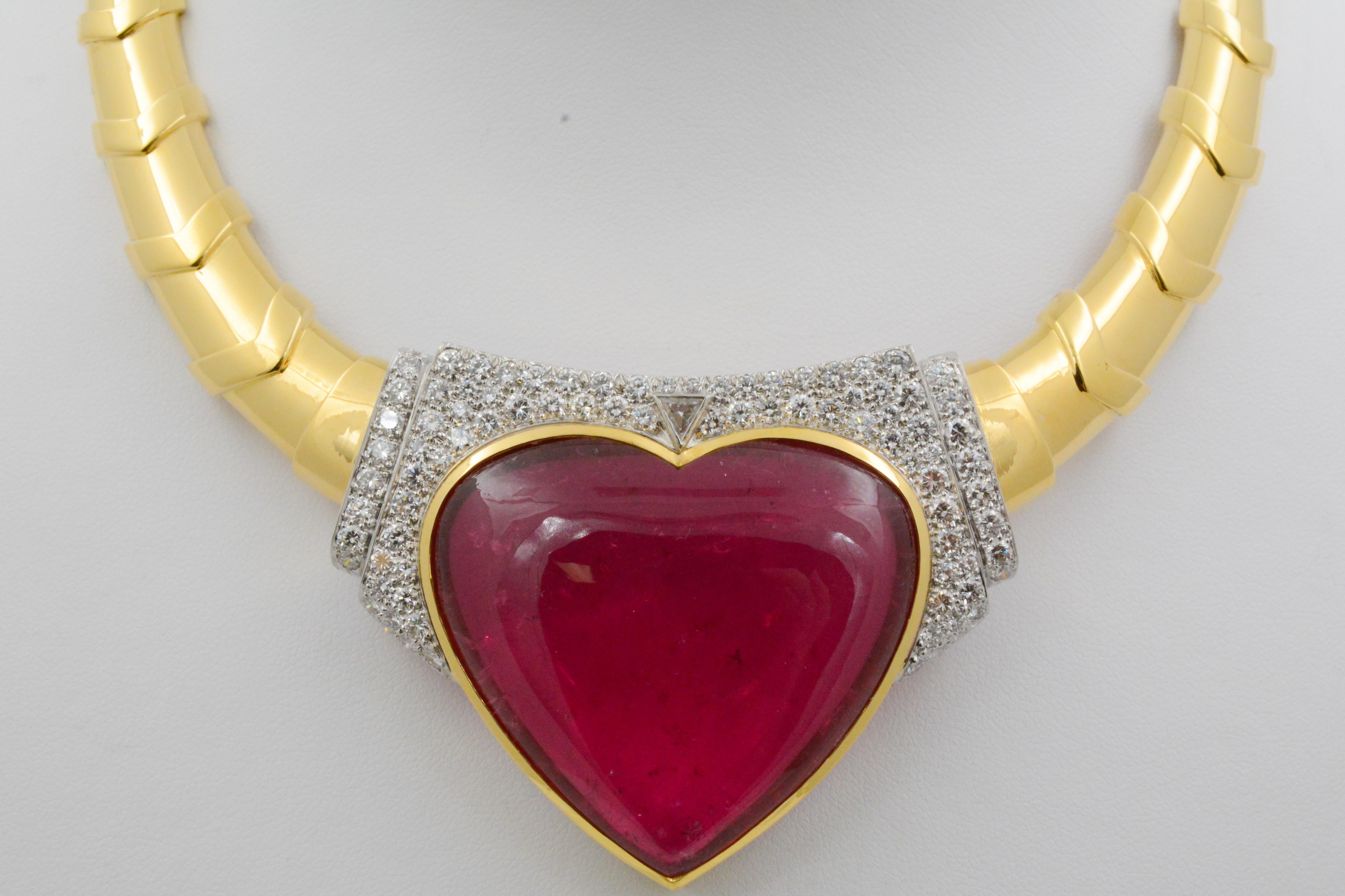 David Webb 18 Karat Gold and Platinum Heart Rubellite with Diamonds Necklace In Excellent Condition In Dallas, TX